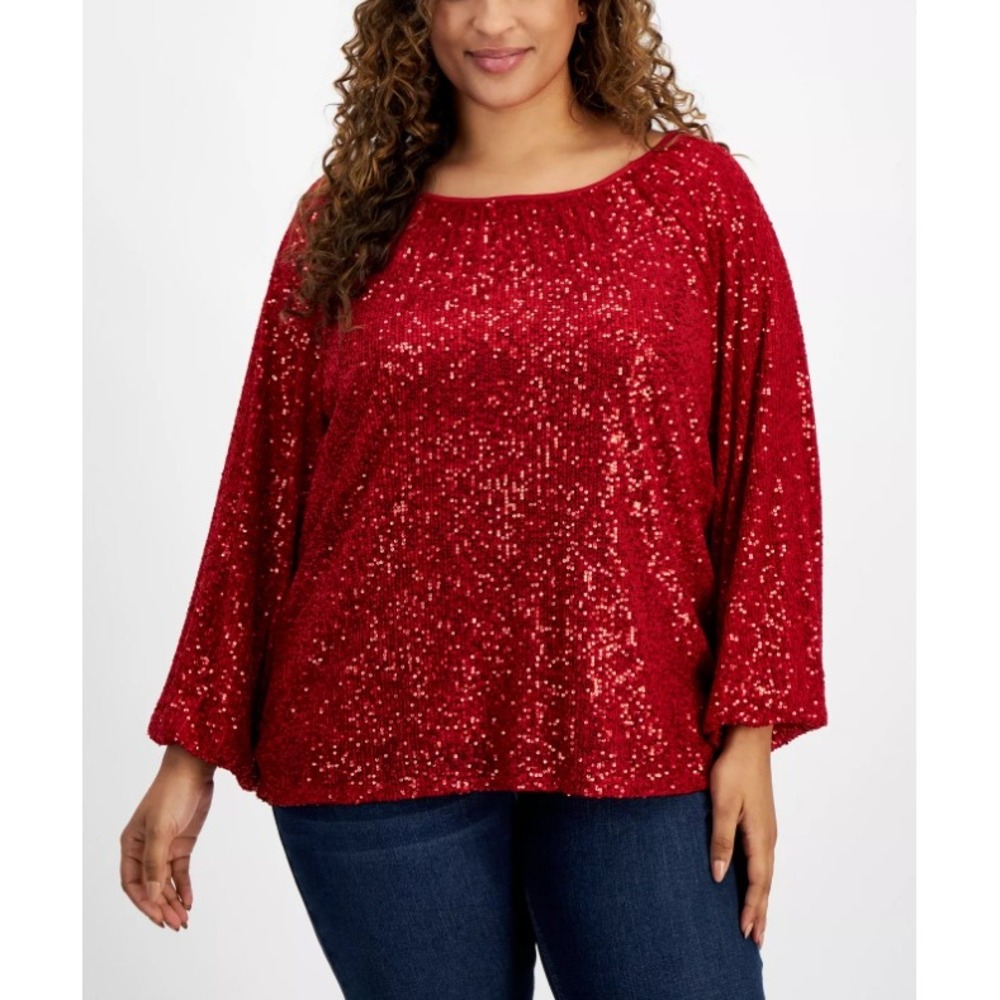 New JM Collection Top XXL Red Boat-Neck Gathered Sequin Long-Sleeve Festival